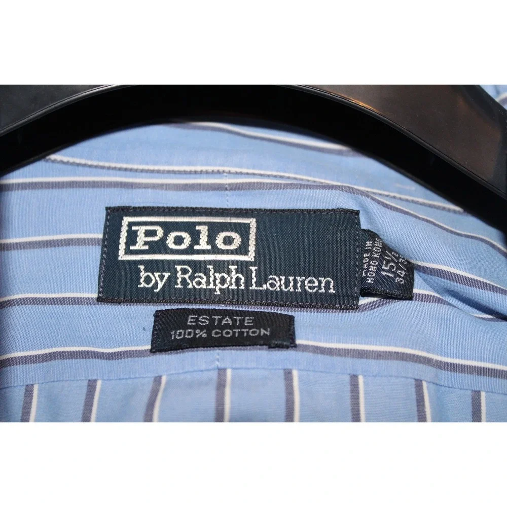 Polo Ralph Lauren Estate Mens Blue White Striped Dress Shirt 15.5 34/35 Cotton
